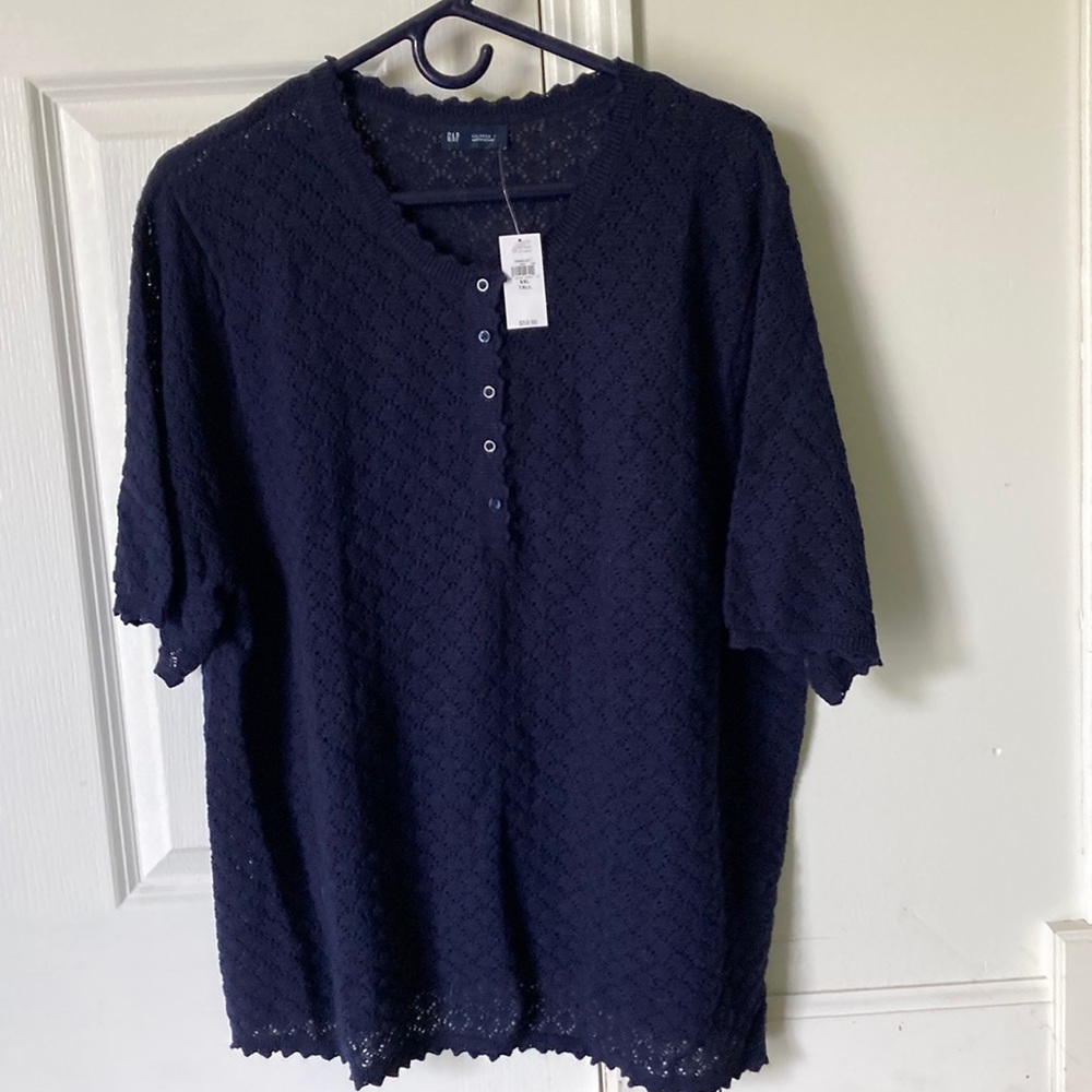 NWT GAP XXL Tall Navy Women's Crew Neck Linen Blend Pointelle Henley